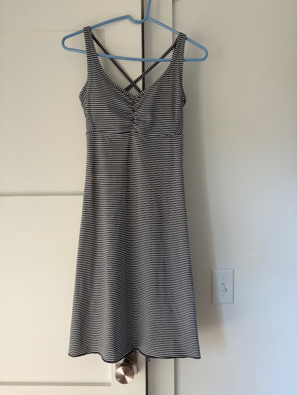 prAna Black & White Striped Strappy Back Midi Dress (S) | Athleisure